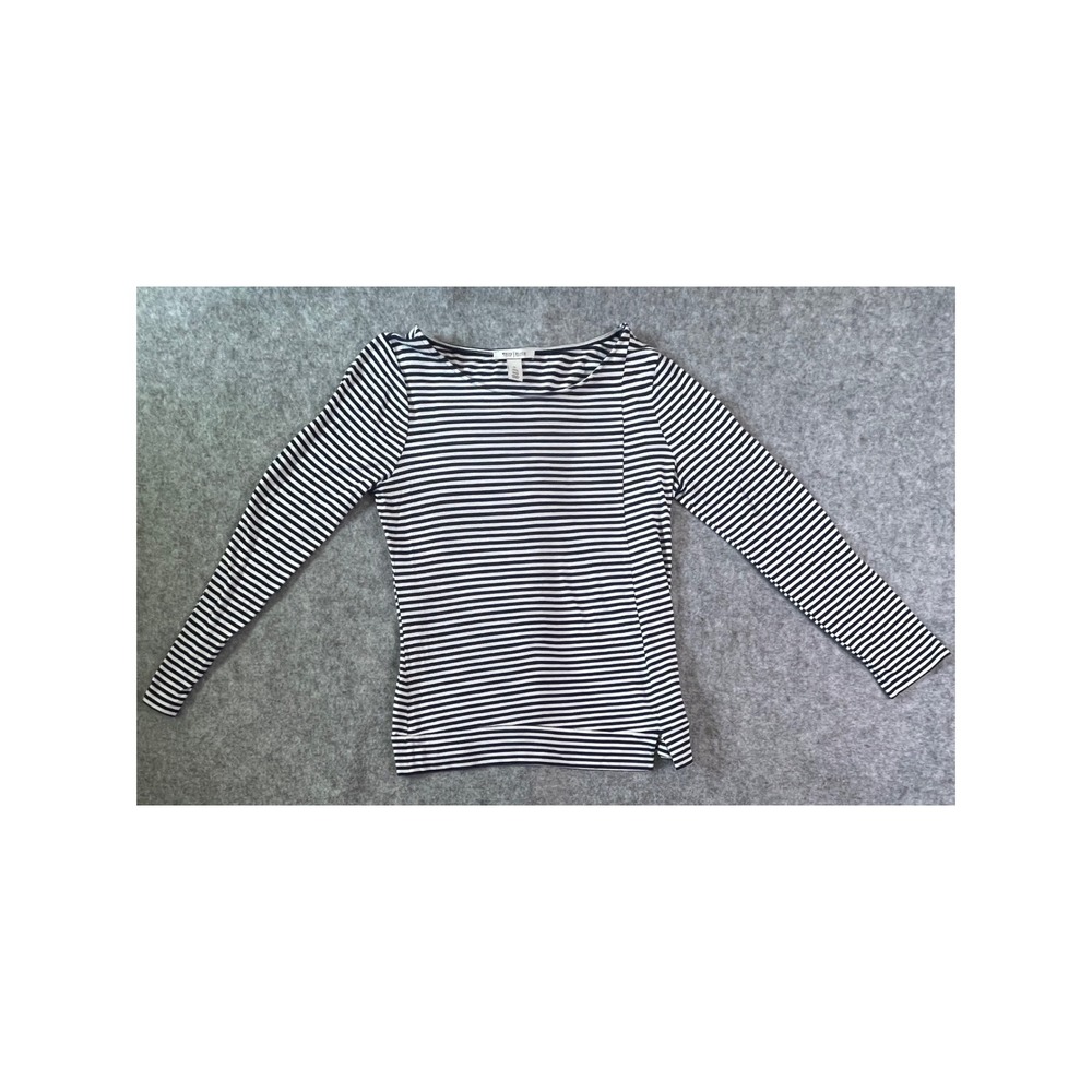 White House Black Market Womens Navy Blue White Striped Boat Neck Top Medium
